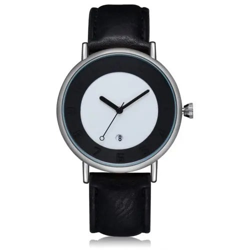 TOMI T014 Men Round Leather Band Wrist Watch with Box - Silver and Black