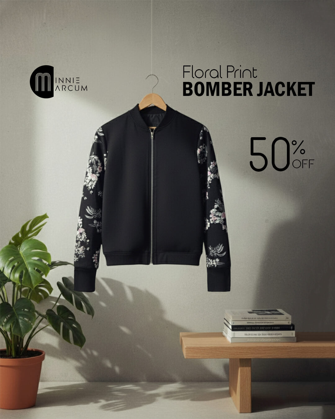 Floral Print Bomber Jacket for Women ( black )