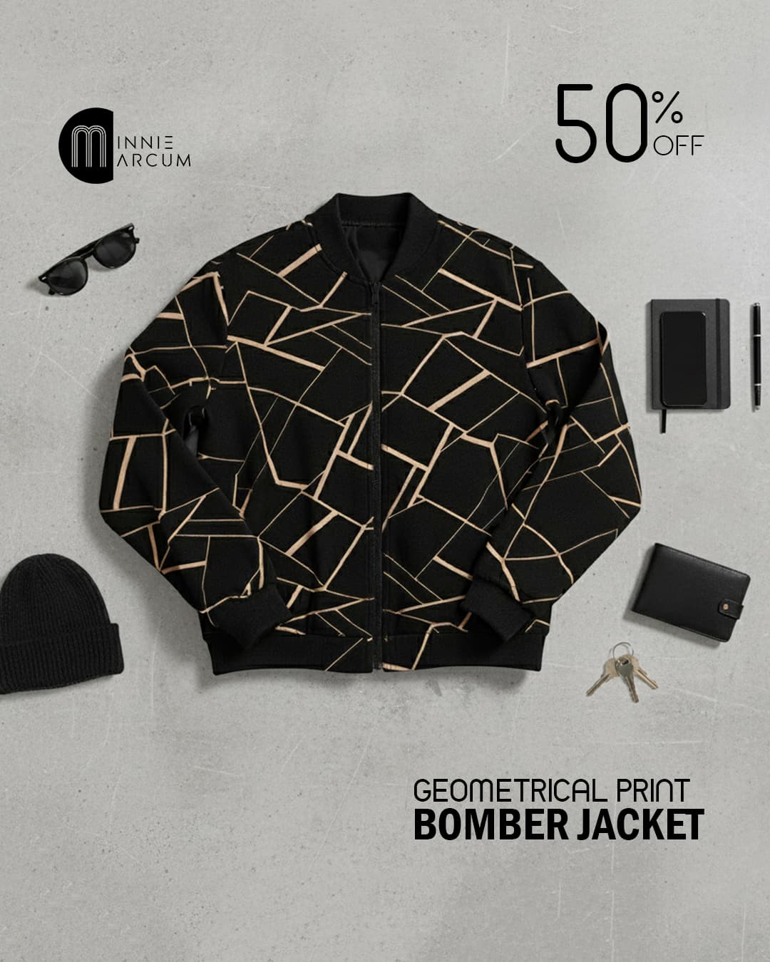 Geometrical Print Bomber Jacket ( TAN COLOR PRINT BLACK )