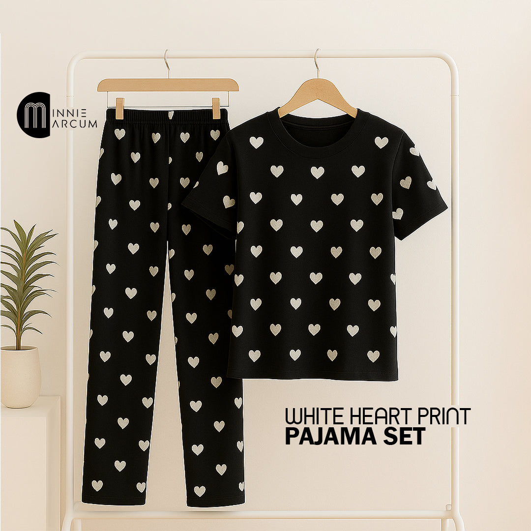 White Heart Print Pajama Set
