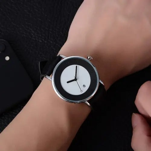 TOMI T014 Men Round Leather Band Wrist Watch with Box - Silver and Black