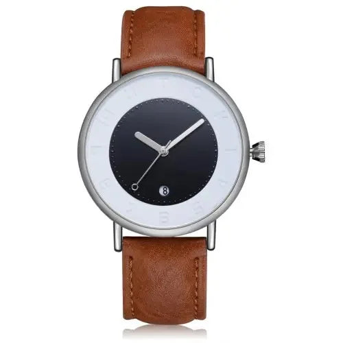 TOMI T014 Men Round Leather Band Wrist Watch with Box – SILVER AND COFFEE