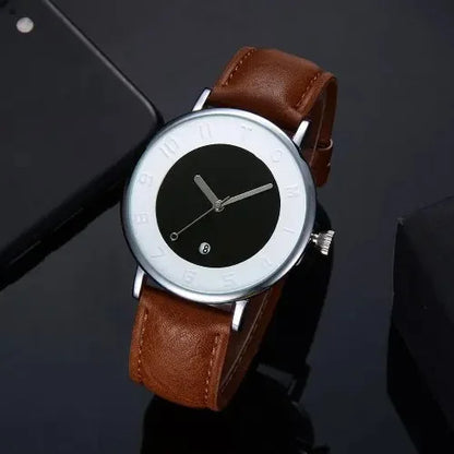 TOMI T014 Men Round Leather Band Wrist Watch with Box – SILVER AND COFFEE