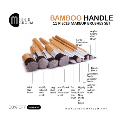 BAMBOO HANDLE 11 PIECES MAKEUP BRUSHES SET