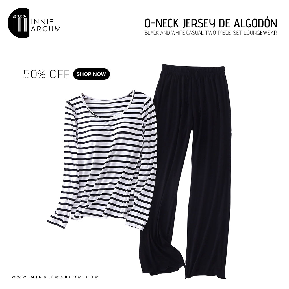 O-NECK JERSEY DE ALGODÓN BLACK AND WHITE CASUAL TWO PIECE SET LOUNGEWEAR