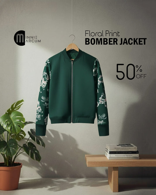 Floral Print Bomber Jacket for Women ( Emerald Green )