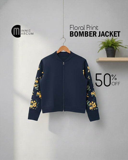 Floral Print Bomber Jacket for Women ( Navy Blue )