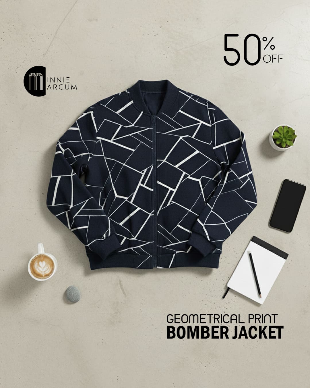 Geometrical Print Bomber Jacket ( NAVY BLUE )