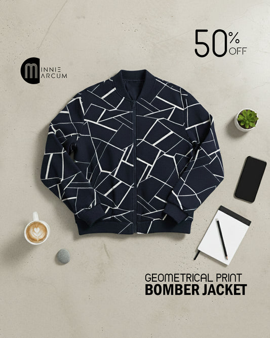 Geometrical Print Bomber Jacket ( NAVY BLUE )