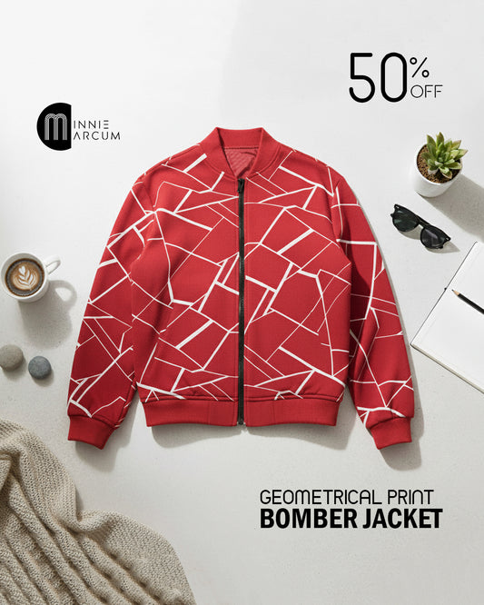 Geometrical Print Bomber Jacket ( RED )