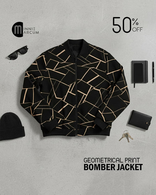 Geometrical Print Bomber Jacket ( TAN COLOR PRINT BLACK )