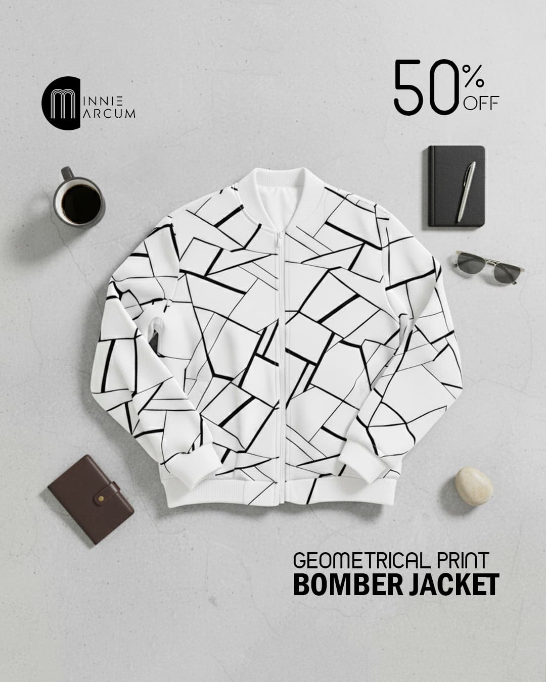 Geometrical Print Bomber Jacket ( WHITE )