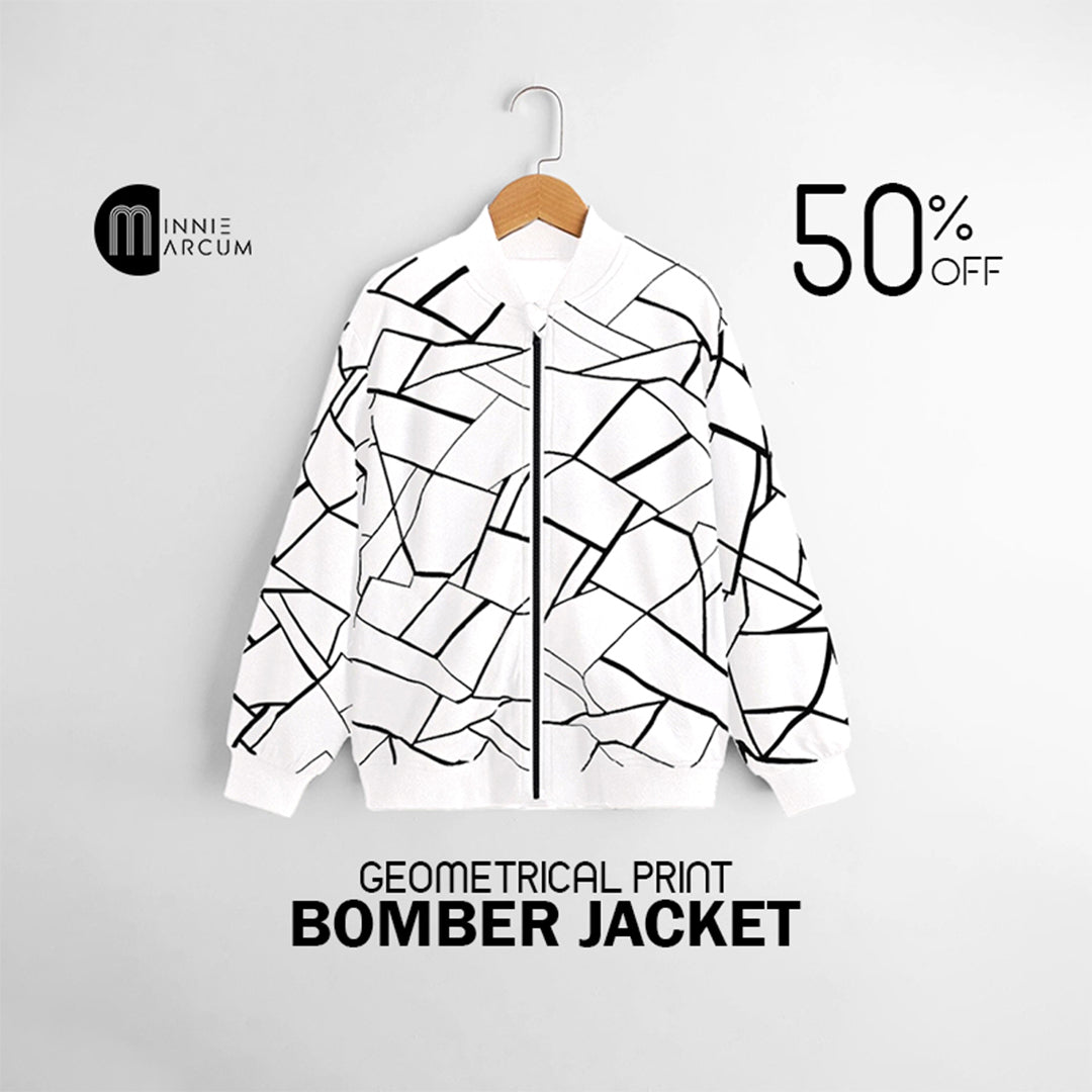 Geometrical Print Bomber Jacket ( WHITE )