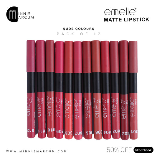 emelie MATTE LIPSTICK (PACK 0F 12) NUDE & MULTI COLOURS