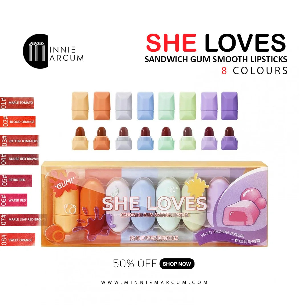 SHE LOVES SANDWICH GUM SMOOTH LIPSTICKS 8 COLOURS