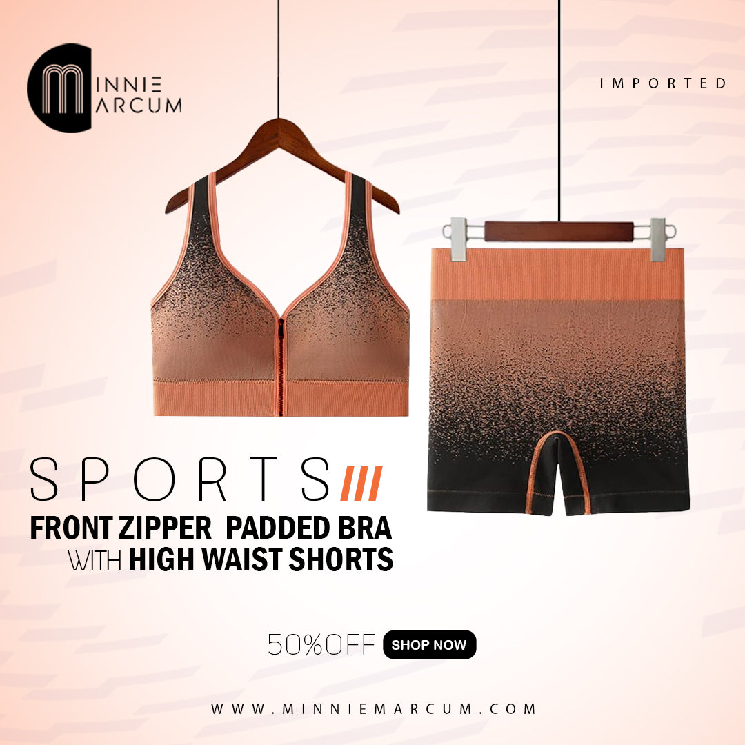 SPORTS FRONT ZIPPER PADDED BRA WITH HIGH WAIST SHORTS