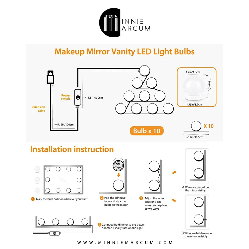 Makeup Vanity Mirror Lights / 10 Bulbs 3 Colors Modes