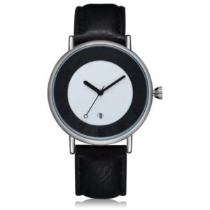 TOMI T014 Men Round Leather Band Wrist Watch with Box – Silver and Black