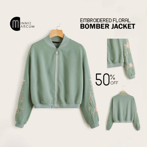 EMBROIDERED FLORAL DETAIL ZIP UP BOMBER JACKET ( MINT GREEN )