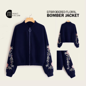 EMBROIDERED FLORAL DETAIL ZIP UP BOMBER JACKET ( NAVY BLUE )