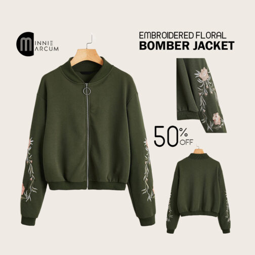 EMBROIDERED FLORAL DETAIL ZIP UP BOMBER JACKET ( ARMY GREEN  )